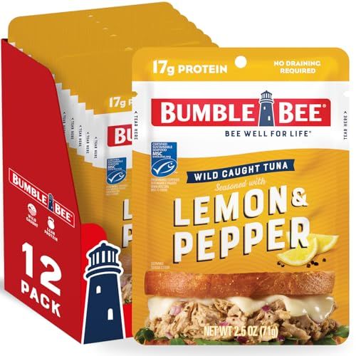 Bumble Bee Lemon Pepper Seasoned Tuna, 2.5 oz Pouches (Pack of 12) - Ready to Eat - Wild Caught Tuna Packet - 17g Protein per Serving - Gluten Free
