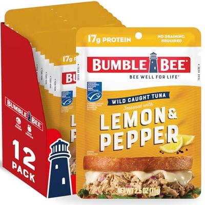 Bumble Bee Lemon Pepper Seasoned Tuna, 2.5 oz Pouches (Pack of 12) - Ready to Eat - Wild Caught Tuna Packet - 17g Protein per Serving - Gluten Free