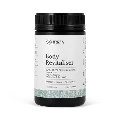 Hydra Longevity Body Revitaliser Organic Superfood Powder Health Supplement, 49 Ingredient Smoothie Mix with Prebiotics, Chlorella, Reishi, Vegan, Non-GMO, Gluten-Free 120 Grams (12 Servings)