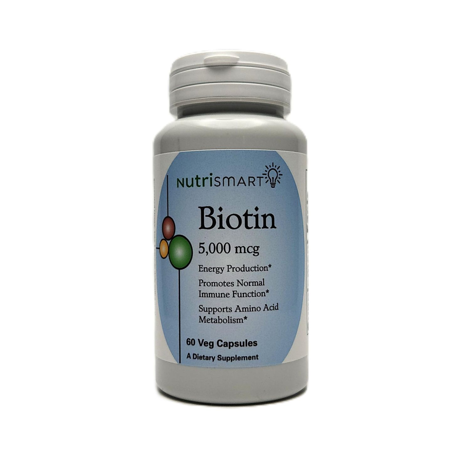 Nutrismart Biotin 5000 mcg Vitamin Supplement Hair Skin Nail Strengthening to Aid Stress Relief Metabolism Carbohydrate Energy Nervous System Support 60 Veg Capsules GMO Free