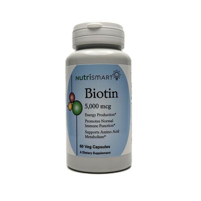 Nutrismart Biotin 5000 mcg Vitamin Supplement Hair Skin Nail Strengthening to Aid Stress Relief Metabolism Carbohydrate Energy Nervous System Support 60 Veg Capsules GMO Free