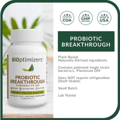 BIOptimizers Probiotic Breakthrough, Proteolytic Prebiotics Probiotics Supplement - Lactobacillus Plantarum OM for Immune, Bloating Gut Relief Support, 30 Vegan Capsules