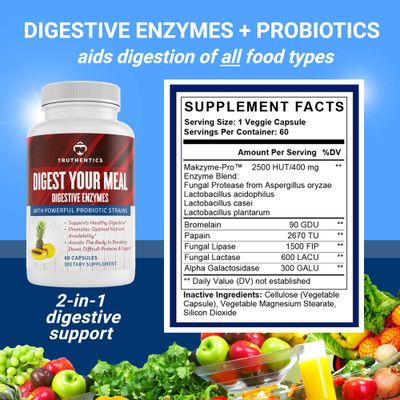 TRUTHENTICS Digestive Enzymes Plus Probiotics Prebiotics with Bromelain, Lactase, Galactosidase, Acidophilus - Vegan Digestion Aid, Constipation Bloating Gas Relief for Men Women - 60 Capsules