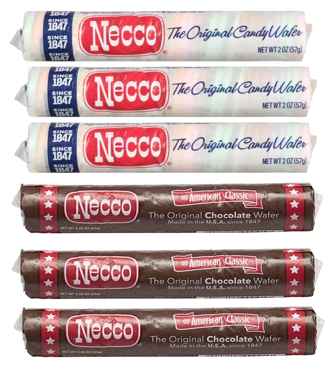 Necco Wafers Variety Pack - 6 Rolls - 3 Rolls of Chocolate and 3 Rolls of Variety - The Original Wafer Candy - Smiling Sweets - Timeless Classic Everyone is Sure to Enjoy