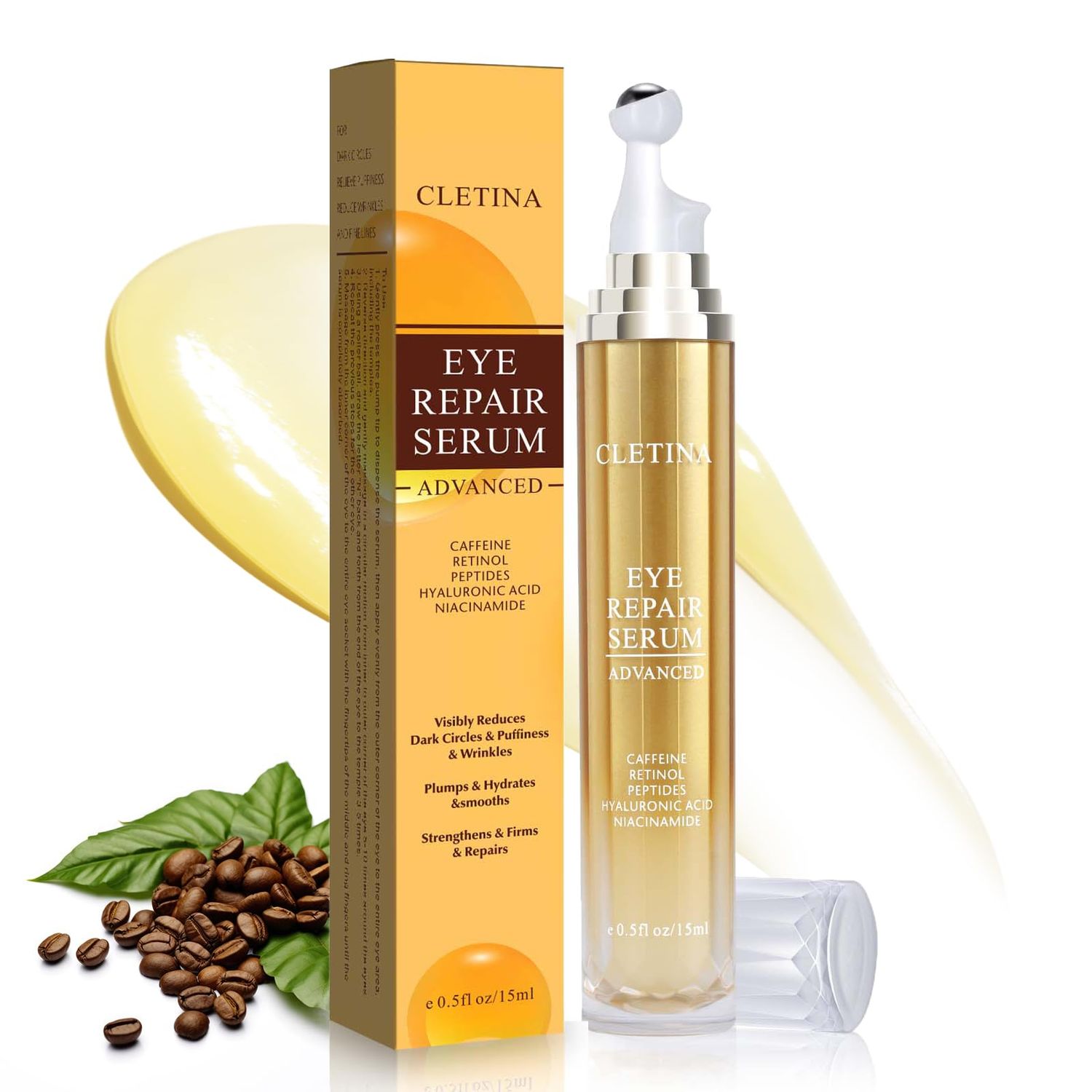 5 Caffeine Eye Serum - Caffeine Eye Cream with 360 Massage Ball Reduce Wrinkles and Fine Lines - Eye Roller Cream for Relieve Puffiness and Dark Eye Circles