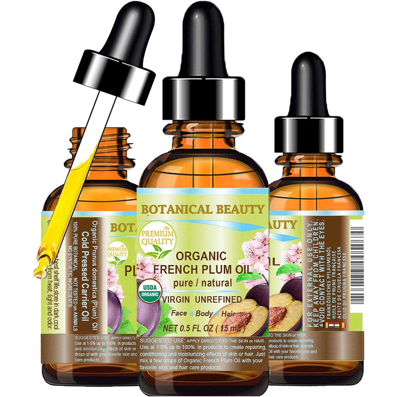 Botanical Beauty Organic French PLUM OIL 100 Pure Natural VIRGIN UNREFINED Cold-Pressed Carrier Oil 0.5 Fl oz 15 ml for Face, Skin, Body, Hair, Lip, Nails. Rich in Vitamin E, Omega 6, Omega 9