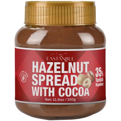 Eastanbul Cocoa Hazelnut Spread, 11.6oz, Chocolate Hazelnut Spread, No Palm Oil, Rich Creamy 35 Nuts, Gluten-Free, Low Sugar, All Natural Ingredients, No Additives