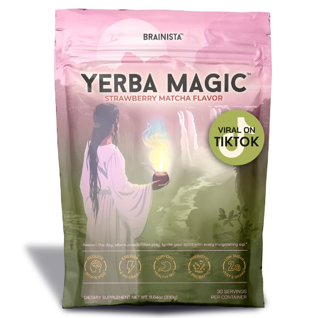 Brainista Yerba Mate Instant Tea Powder, 3-in-1 Super Drink - Clean Energy, Brain Fog Buster, and Gut Health Powered by Nootropics, Prebiotics and Probiotics Yerba Magic Strawberry Matcha 30 Servings