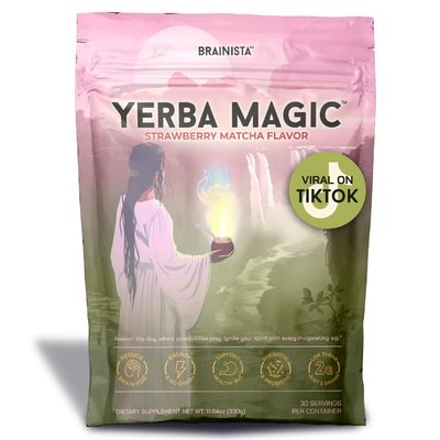 Brainista Yerba Mate Instant Tea Powder, 3-in-1 Super Drink - Clean Energy, Brain Fog Buster, and Gut Health Powered by Nootropics, Prebiotics and Probiotics Yerba Magic Strawberry Matcha 30 Servings
