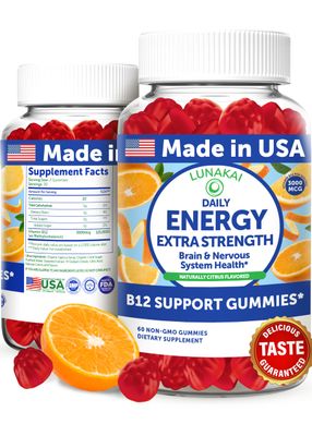 Lunakai Energy Gummies - USA Made Natural Energy Supplements - Vegan Vitamin B12 Gummies for Women Men - Delicious Methyl B12 3000 mcg, 60ct