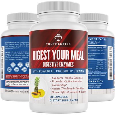 TRUTHENTICS Digestive Enzymes Plus Probiotics Prebiotics with Bromelain, Lactase, Galactosidase, Acidophilus - Vegan Digestion Aid, Constipation Bloating Gas Relief for Men Women - 60 Capsules