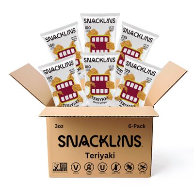 SNACKLINS Plant Based Crisps Vegan Healthy Snacks - Gluten Free, Grain Free, Plant Based Crisps, 100 Kosher, Low Calorie and No Added Sugar, Crunchy, Puffed Snack - Teriyaki - 3oz bag (Case of 6)