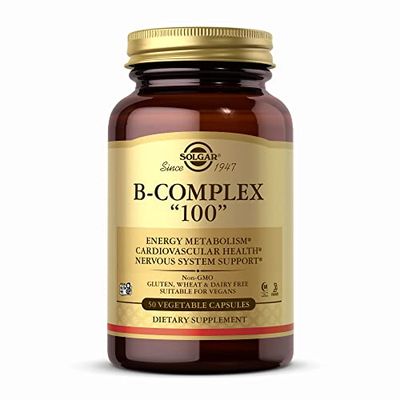 Solgar B-Complex &quot;100&quot; - 50 Vegetable Capsules - Energy Metabolism, Cardiovascular Health, Nervous System Support - Non-GMO, Vegan, Gluten Free - 50 Servings