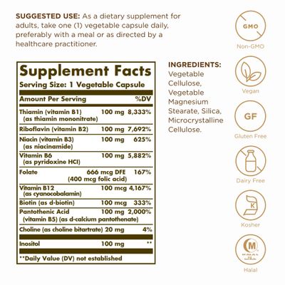 Solgar B-Complex "100" - 50 Vegetable Capsules - Energy Metabolism, Cardiovascular Health, Nervous System Support - Non-GMO, Vegan, Gluten Free - 50 Servings