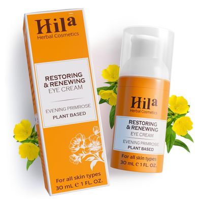 Hila Herbal Cosmetics Restoration and Renewal Eye Cream - Evening Primrose Plant Based - Under Eye Cream for All Skin Types, Hydrating Eye Cream, Eye Wrinkle Cream for Women Men - 30ml