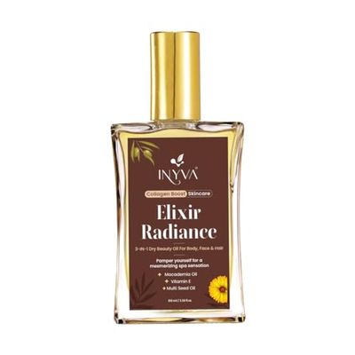 INYVA Elixir Radiance 3-in-1 Luxurious Dry Beauty Oil for Face, Body, Hair - Vitamin E Macadamia Oil -Hydrating, Non Greasy Lightweight - Radiant Glow - 3.38 Oz
