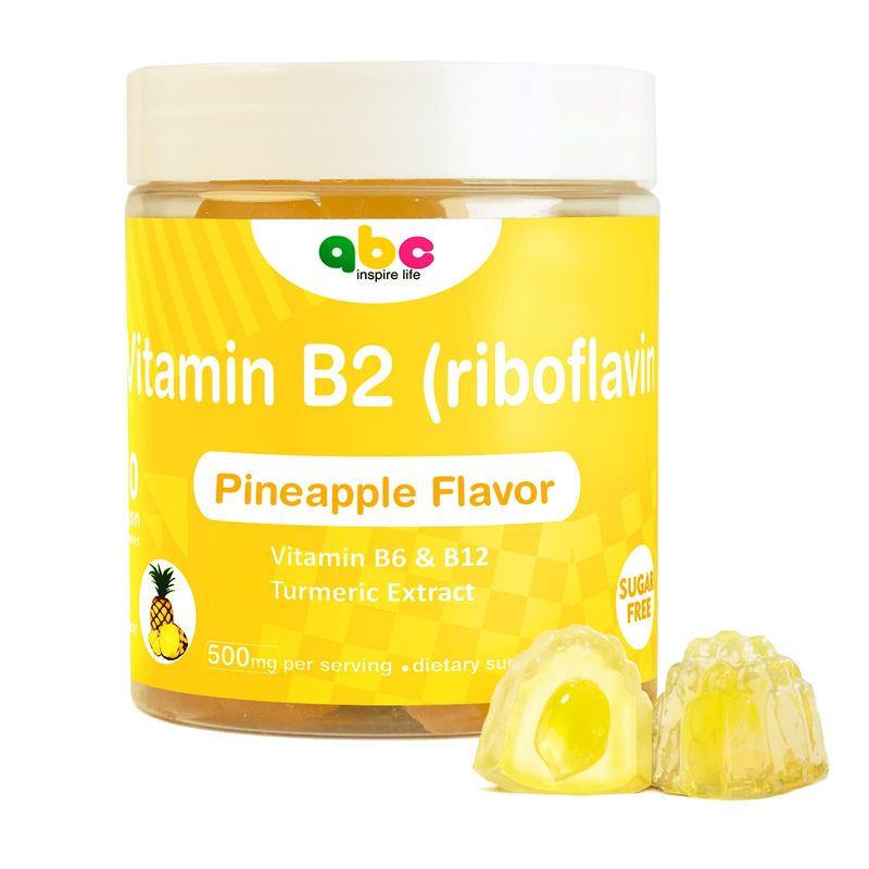 INSPIRELIFE ABC Vitamin B2 Gummies Riboflavin 400mg for Wen Kids b2 Vitamins Chewable Gummies for Adults Supplement with B Complex Nervous System Support,Vegan,Sugar-Free,Pineapple Flavor, 60 Count