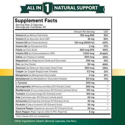 Selenium, Zinc, Iodine, L Tyrosine, Ashwagandha - Thyroid Support Supplement for Women and Men with Bladderwrack, Turmeric, Silica Kelp, Schisandra - 60 Count
