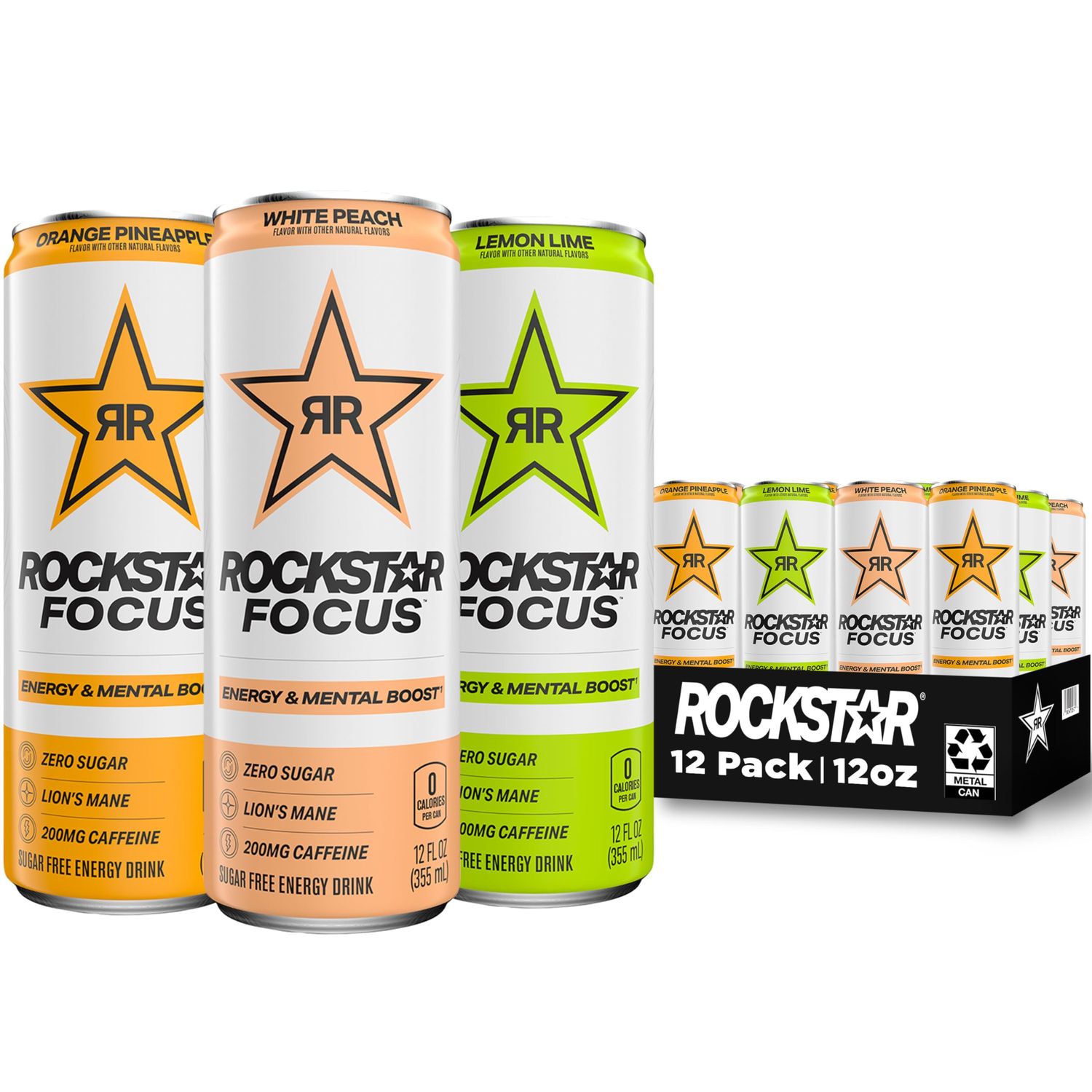 Rockstar Focus, 3 Flavor Variety Pack (White Peach, Lemon Lime, Orange Pineapple), 12 Fl Oz Cans (Pack of 12)