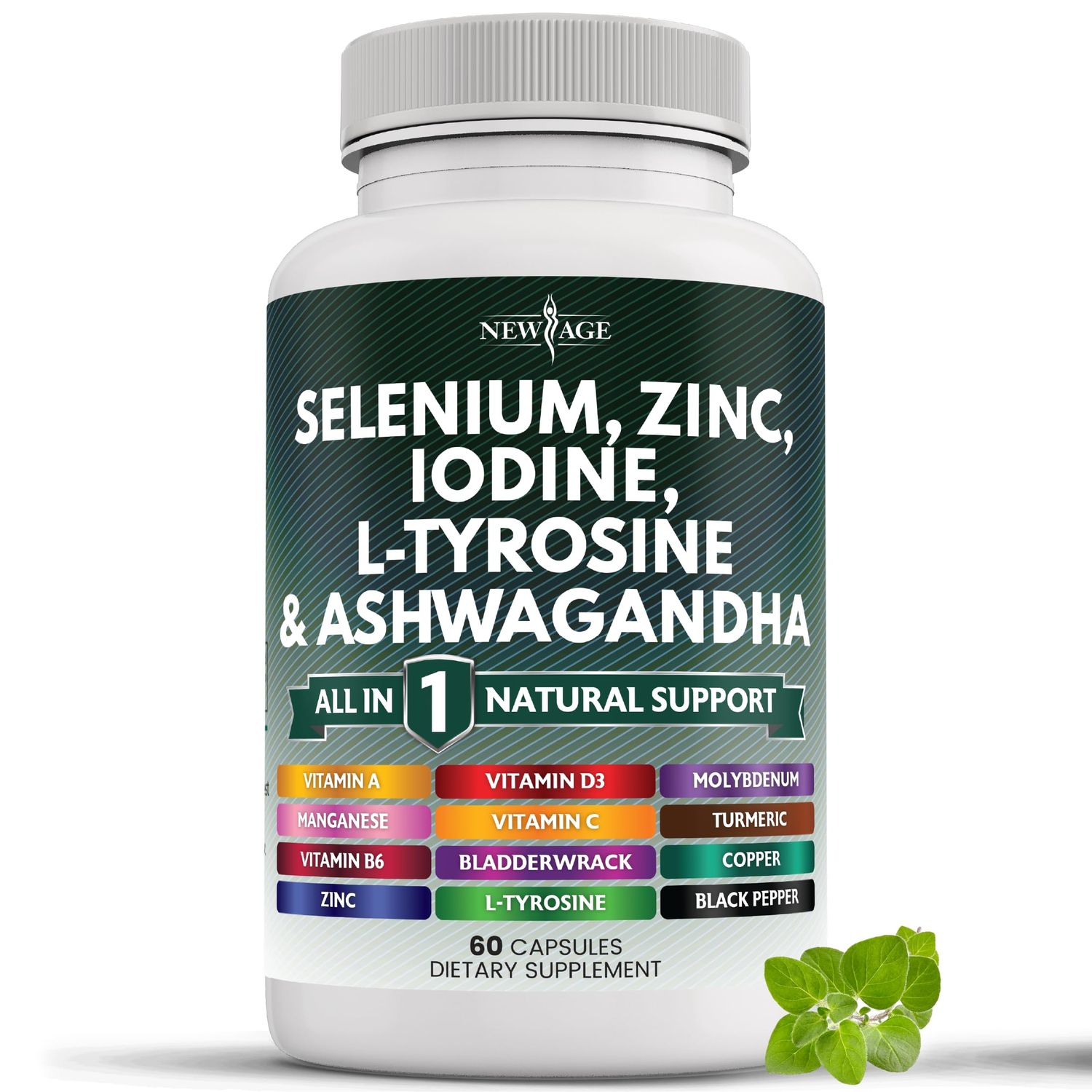 Selenium, Zinc, Iodine, L Tyrosine, Ashwagandha - Thyroid Support Supplement for Women and Men with Bladderwrack, Turmeric, Silica Kelp, Schisandra - 60 Count
