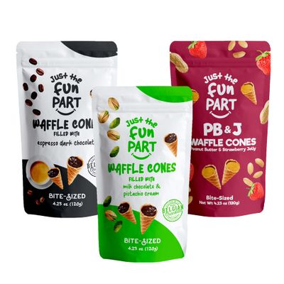 Just The Fun Part, Bite-Size Crispy Mini Waffle Cones with Premium Belgian Chocolate, Great for Snacks, Dessert, Grab Go - Kosher (Espresso, Pistachio, PB J Variety Pack)