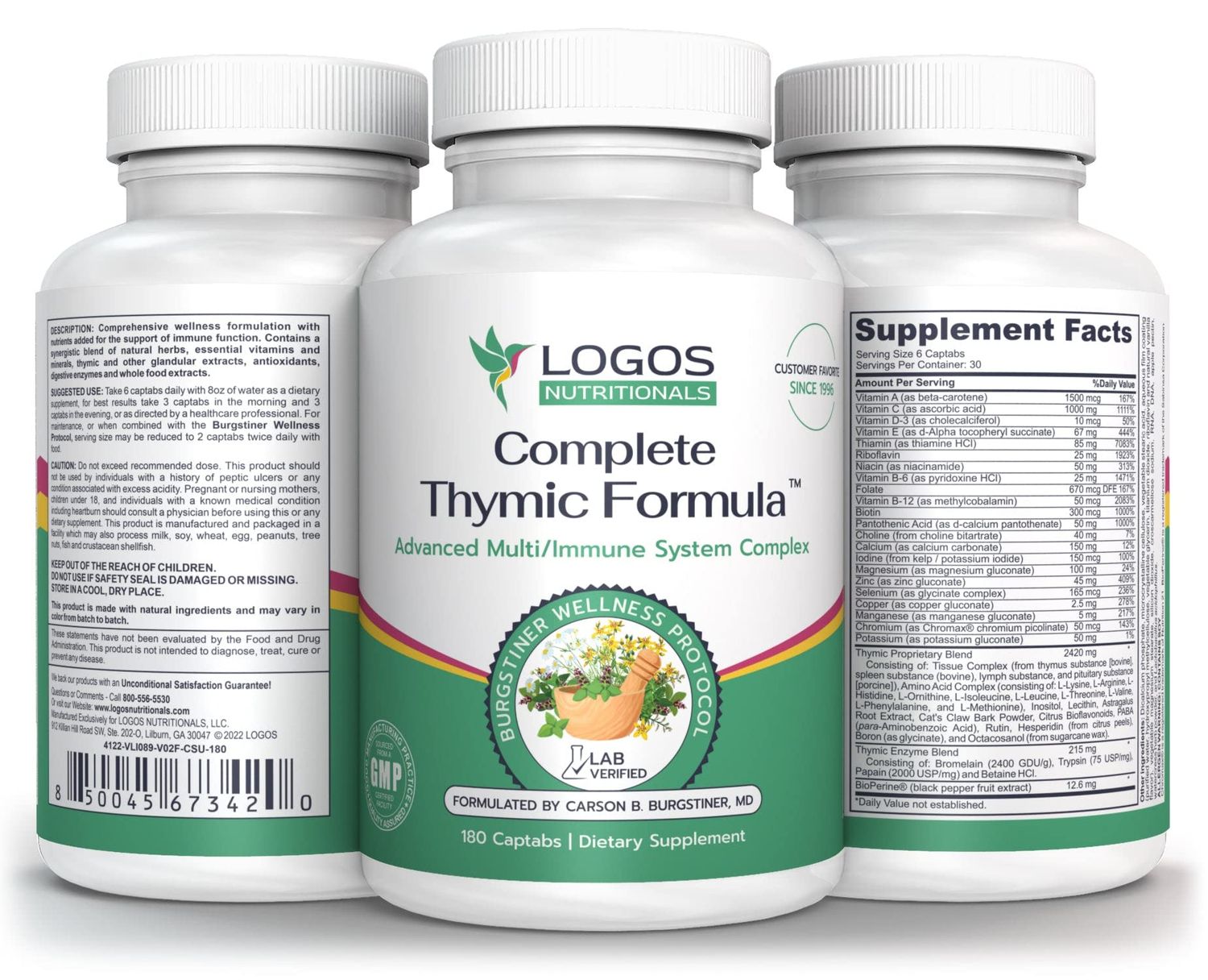 logos nutritionals Complete Thymic Formula , Comprehensive Multivitamin Multimineral with Thymus Glandular Extracts (180 Count (Pack of 1)