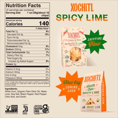 Xochitl Tortilla Chips Spicy Lime - Thin Crispy White Corn Chips, Mexican-Style, Gluten-Free, Non-GMO - 12 oz (Pack of 4)