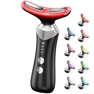 Dopsikn 9-in-1 Red-Light-Therapy-for-Face-and-Neck, Portable Facial Massager Tool with Adjustable Vibration Thermals for Wrinkles, Double Chin, Black
