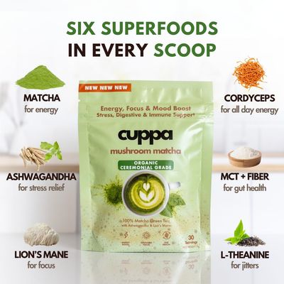 Cuppa Healthy Mushroom Matcha with Lion's Mane Ashwagandha for All Day Energy Focus - No Crash or Jitters - Nootropics for Brain Health, Gut Health, Immunity, Stress, Memory Mood (30 Servings)