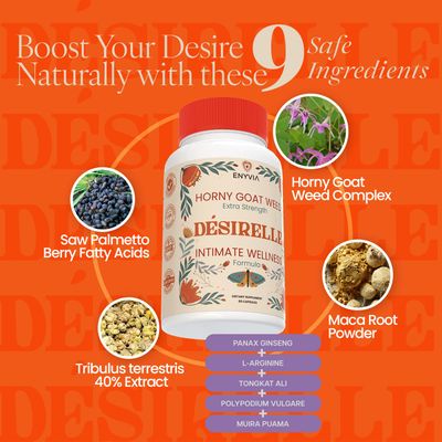 Enyvia Female Libido Booster for Women Fast Acting - Hornygoatweed for Women Maca Root for Energy, Tribulus Terrestris with Ginseng and More - 60ct Desirelle