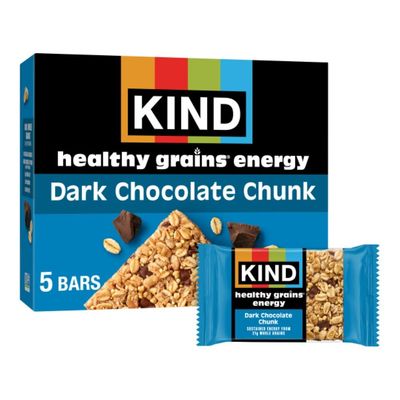 KIND Healthy Grains Energy Bars, Dark Chocolate Chunk, 21g Whole Grains, Made with Super Grains, Gluten Free Snacks, 5 Ct, 7.1oz