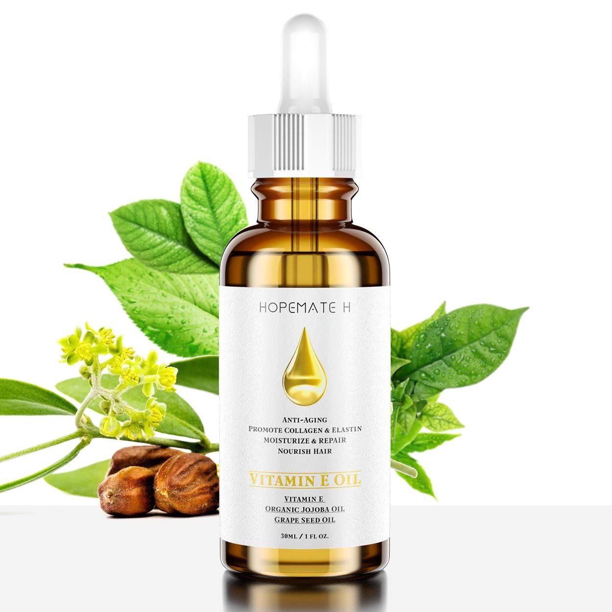 HOPEMATE H Vitamin E Oil - Anti Aging, Reduce Wrinkles and Fine Lines for Moisturized Youthful Skin - Pure Natural Vitamin E Serum for Face, Hair, Nails (1 oz)