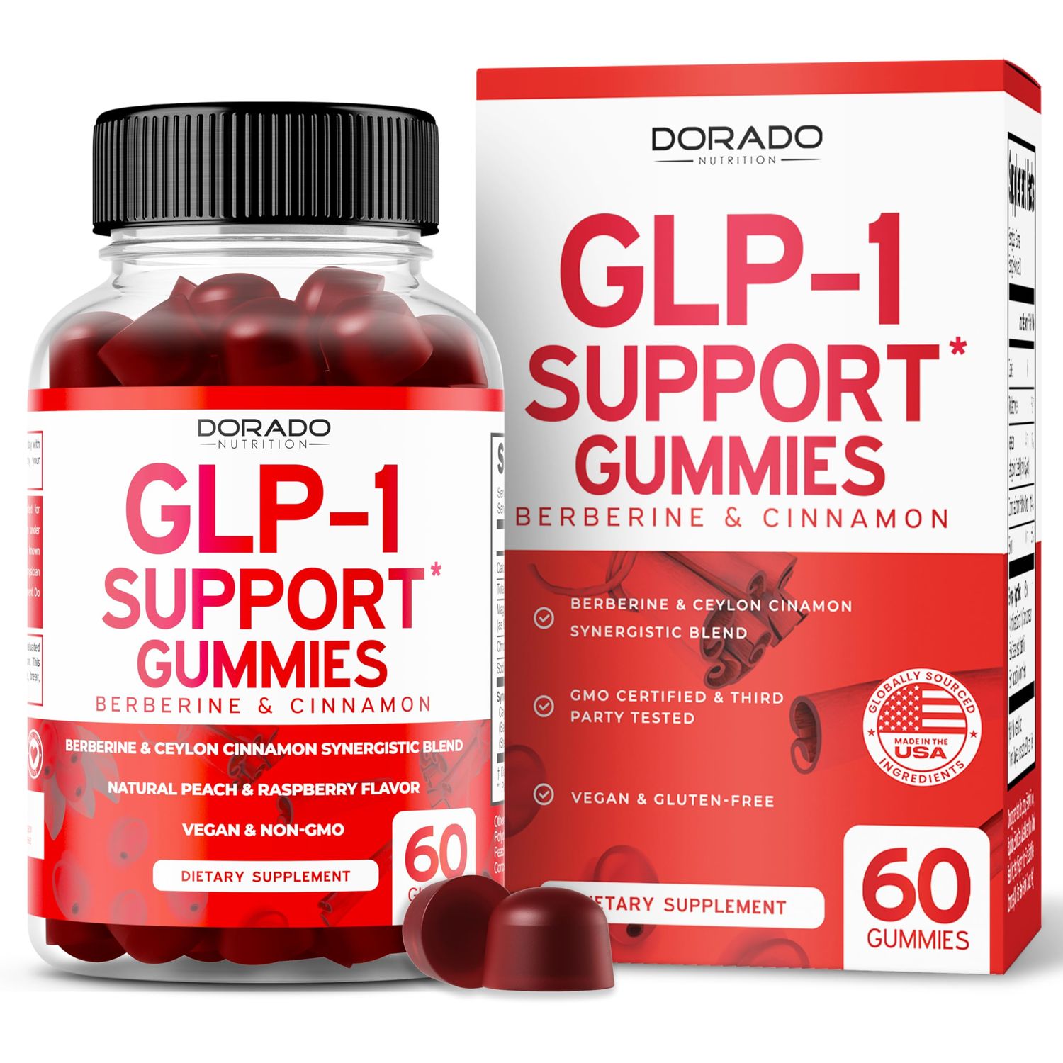 GLP-1 Gummies (GLP1 Supplement with Berberine Ceylon Cinnanom) GLP Gummies for Support Gut Health Metabolism - Delicious Peach Raspberry Flavor - Third Party Tested, Vegan USA Made - 60 Count
