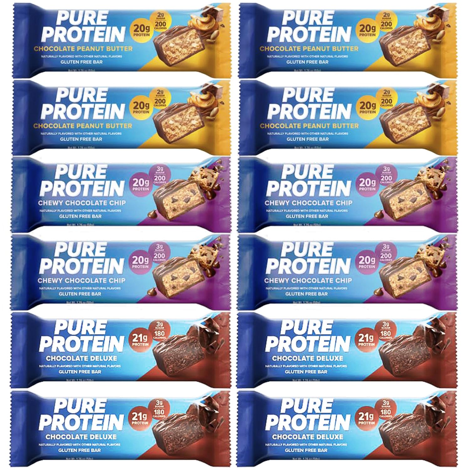 Pure Protein Bars, High Protein, Nutritious Snacks to Support Energy, Low Sugar, Gluten Free 4 pcs Chocolate Peanut Butter 4 pcs Chocolate Deluxe 4 pcs Chewy Chocolate Chip