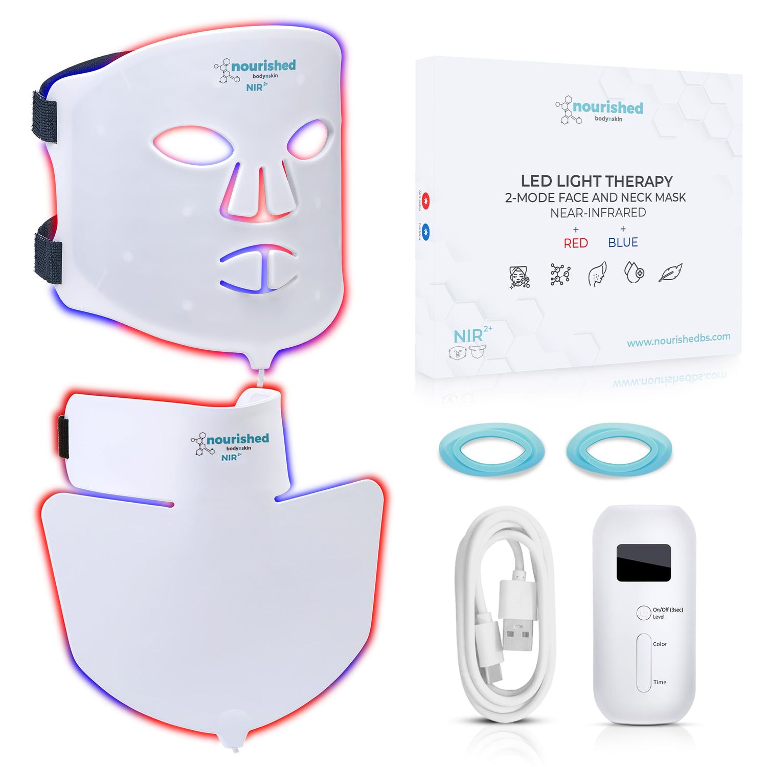 Nourished Bodynskin LED Face and Neck Mask with Near-Infrared - Blue, Red Light Therapy for Face - 228 LEDs - Skincare Tool for Wrinkles, Anti-Aging
