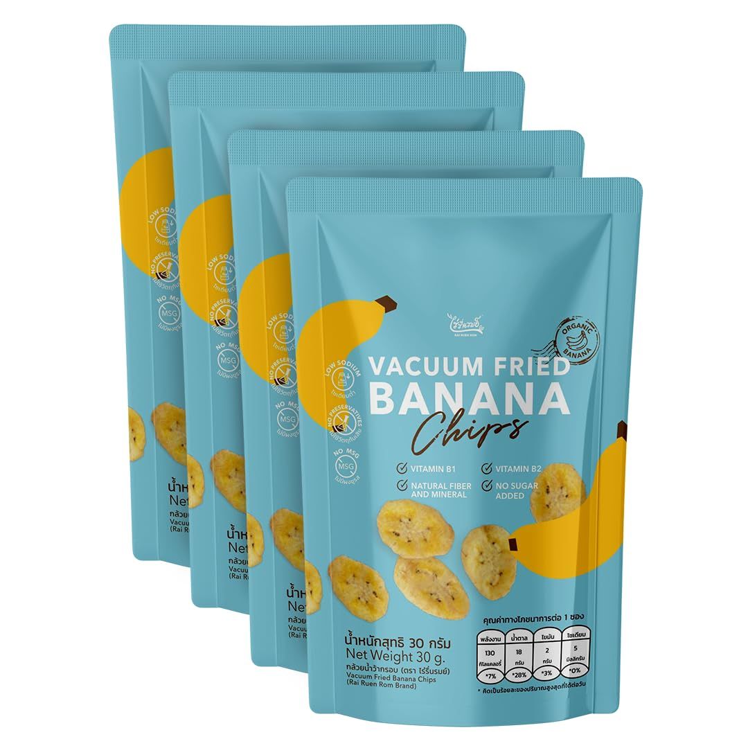 HappyLyfe Rairuen Rom Organic Vacuum Fried Banana Chips - Pack of 4 (30g Each) No Added Sugar Clean Ingredients