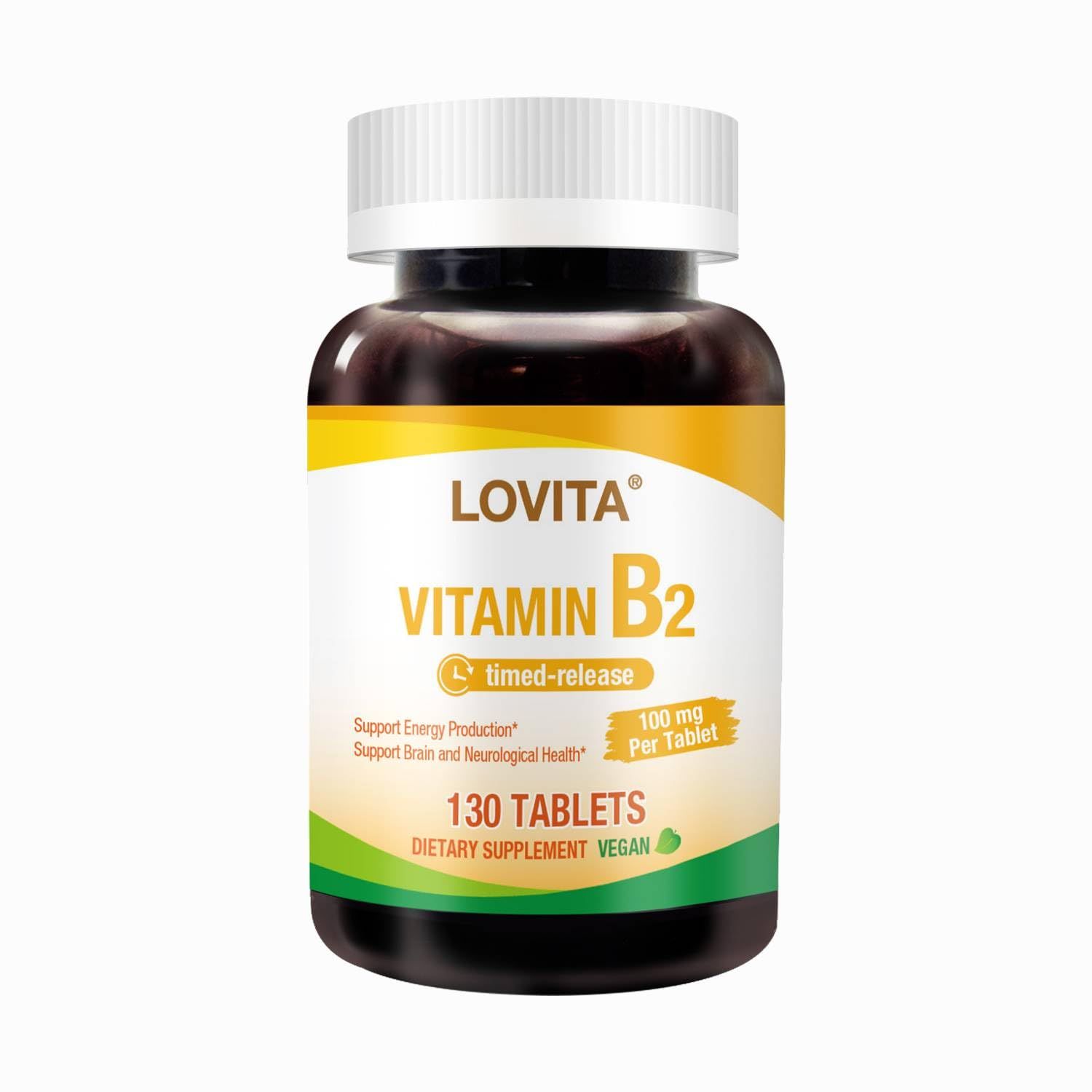 Lovita Vitamin B2 (Riboflavin) 100mg, Timed Release, 8 Hours Sustained, Support Metabolism Nerve Health, 130 Vegan Tablet