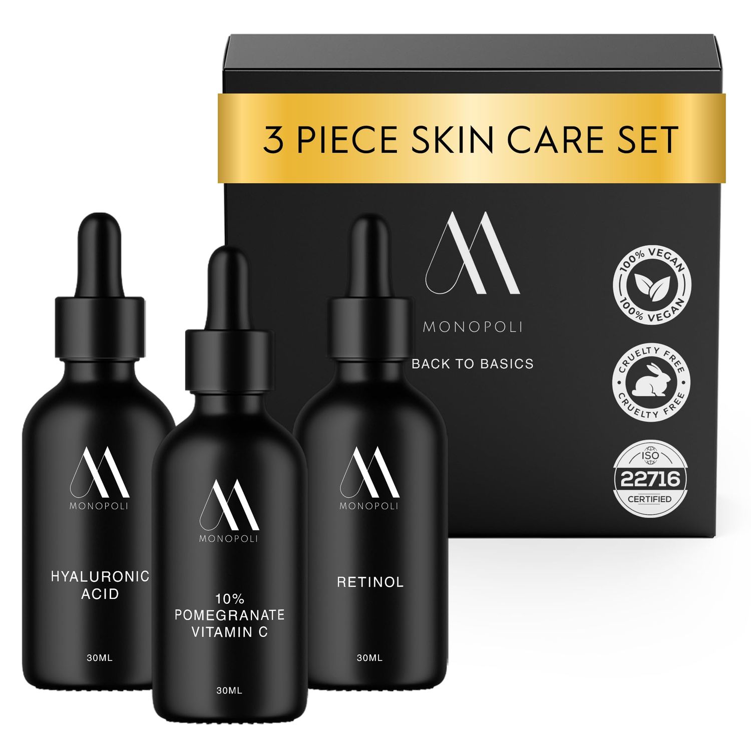 Monopoli Skin 3-Piece Anti-Aging Facial Skin Care Products Vitamin C Serum, Hyaluronic Acid, Retinol Complete Skin Care Sets Kits Face Serum for Women Anti Aging