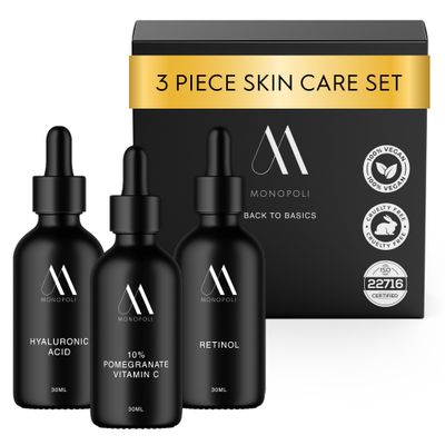 Monopoli Skin 3-Piece Anti-Aging Facial Skin Care Products Vitamin C Serum, Hyaluronic Acid, Retinol Complete Skin Care Sets Kits Face Serum for Women Anti Aging
