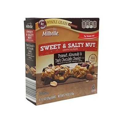 Millville Sweet Salty Nut Granola Bars 100 Whole Grain Oats 7.4 oz (6 bars x 1.2 oz) Pack of 1 (Peanut, Almond Dark Chocolate Chunk)