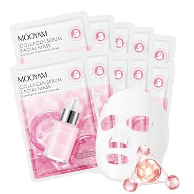 Collagen Face Mask Sheet Pack of 10, Face Masks Skincare with Collagen Serum for Women, Overnight Facial Mask for Hydrating, Anti Aging, Nourishing, Moisturizing, Collagen Mask for Christmas Gifts