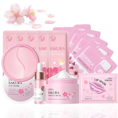 Sakura Skin Care Set, Women Gift Sets, Skin Care Kit with Face Cream, Face Serum, Eye Mask, Lip Mask, 5Pcs Face Sleeping Mask 5Pcs Face Mud Mask, Skin Care Routine Kit for Women