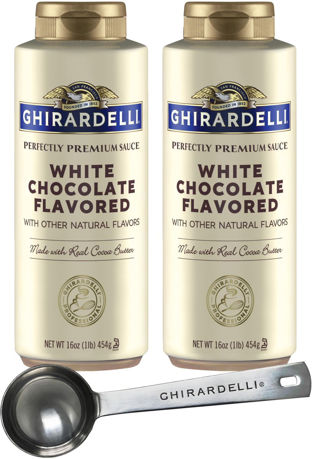 Ghirardelli White Chocolate Sauce, 16 Ounce Squeeze Bottle (Pack of 2) with Ghirardelli Stamped Barista Spoon