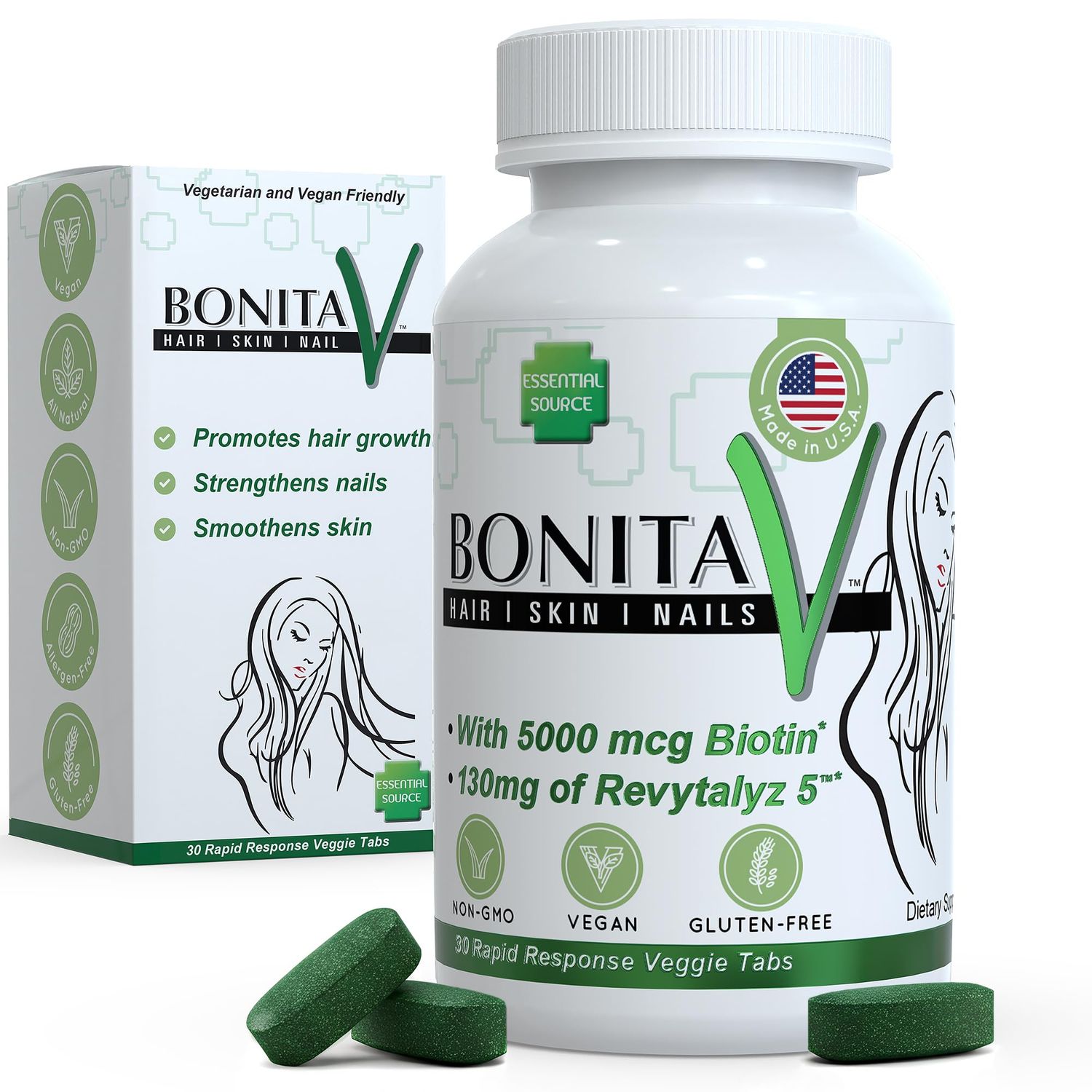 Essential Source Biotin (Biotina Vitaminas) - Hair Skin Nails Vitamins for Women Men - 5000 mcg - Hair Growth Support Supplements - 30 Tablets - with Revytalyz 5, Vitamin A, C, B12 - Made in USA
