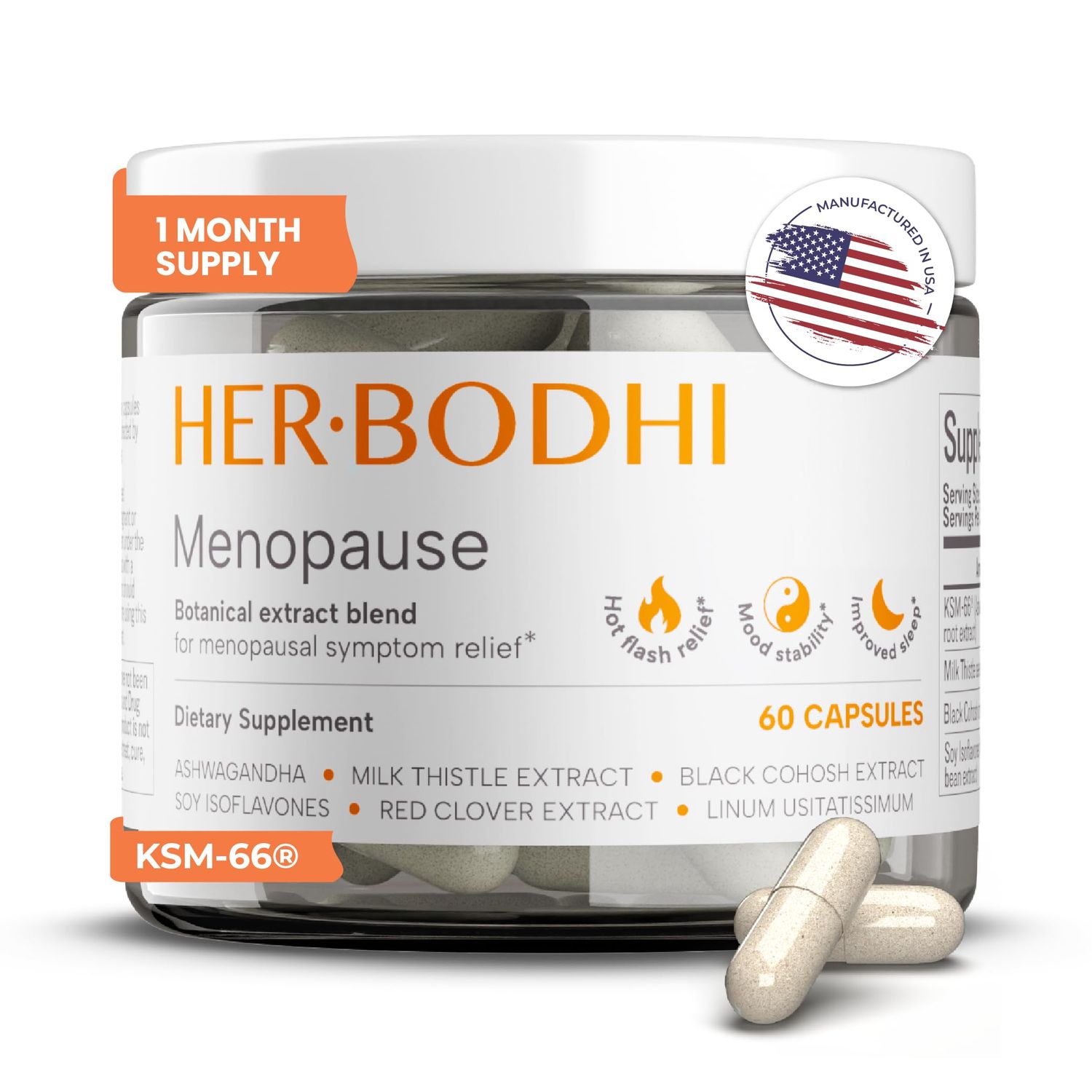 Her Bodhi Meno- Menopause Hormonal Balance for Women, Estrogen Soy Isoflavones Menopause Supplement for Women, Ashwagandha, Black Cohosh Hot Flashes Menopause Relief, Night Sweats Relief 60Caps