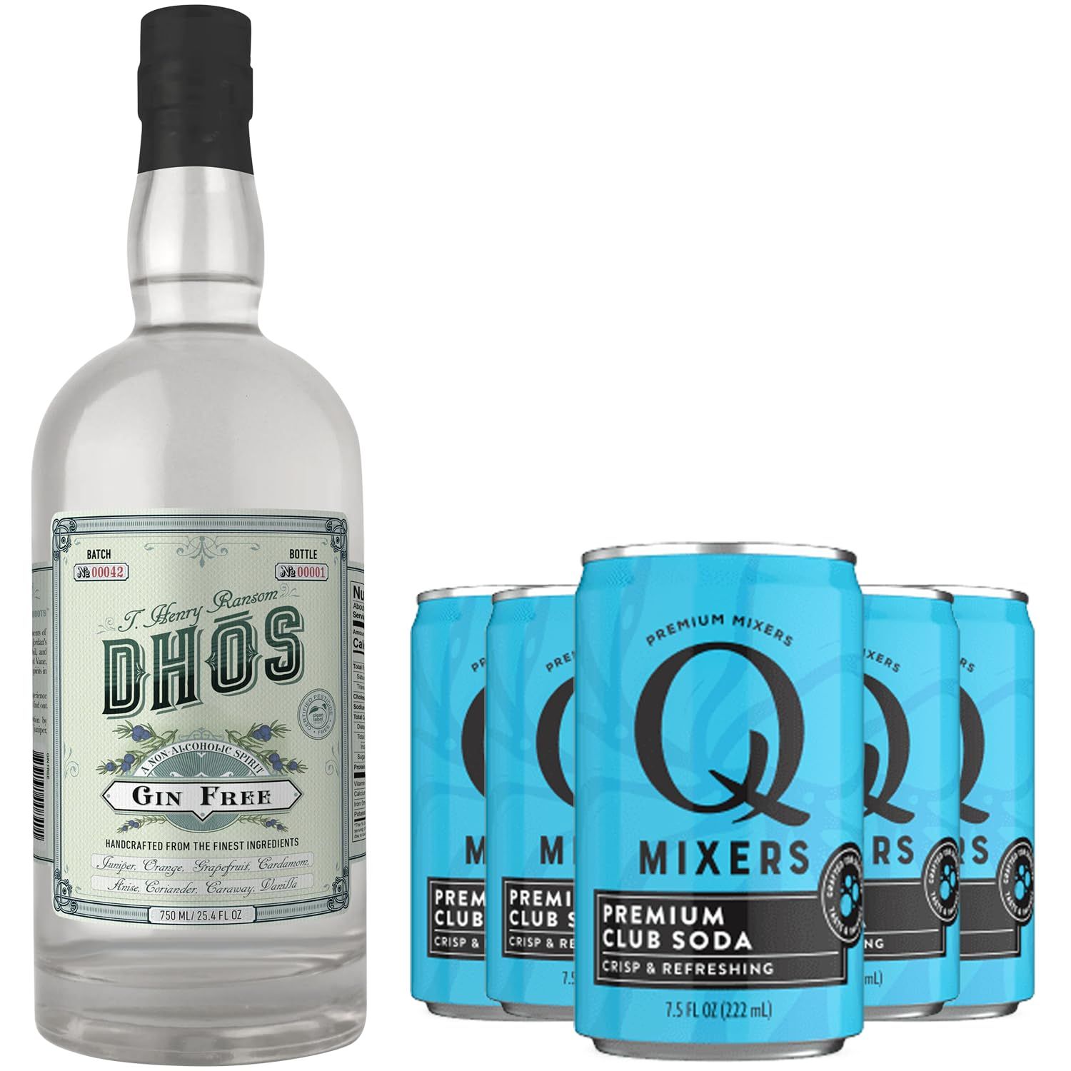 Dhos Handcrafted Non-Alcoholic Gin w 5 Pack Q Mixers Club Soda - Keto-Friendly, Zero Sugar, Zero Calories, Zero Proof - 750 ML - Perfect for Mocktails - Made in USA