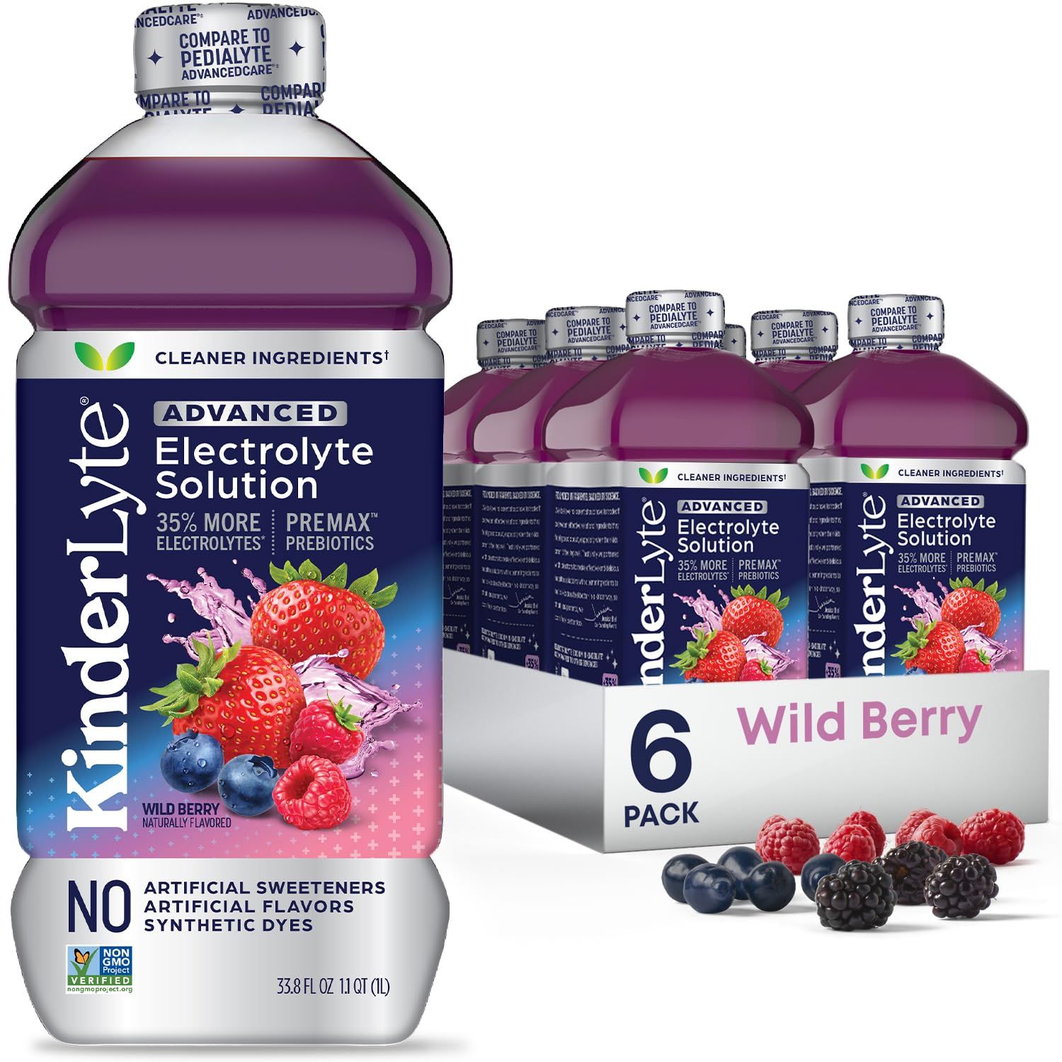 Kinderlyte Advanced Electrolyte Solution, 2X Faster Hydration vs. Water Alone, No Artificial Sweeteners or Flavors, No Synthetic Dyes, Wild Berry, for Kids and Adults, 33.8 fl oz (Pack of 6)