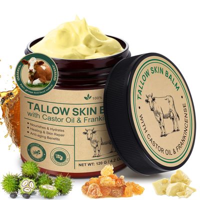 Beef Tallow Balm with Frankincense and Castor oil 4.2 fl.oz, 100 Grass-Fed Tallow for Skin Care, Face Body Moisturizer for Skin Hydrating Nourishing, Sensitive Skin Dry Skin Age Defying
