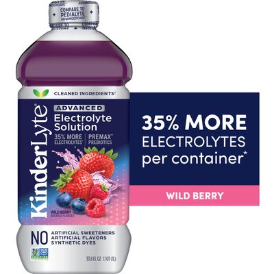 Kinderlyte Advanced Electrolyte Solution, 2X Faster Hydration vs. Water Alone, No Artificial Sweeteners or Flavors, No Synthetic Dyes, Wild Berry, for Kids and Adults, 33.8 fl oz (Pack of 6)