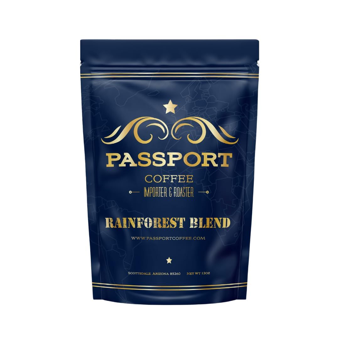 Passport Coffee Rainforest Blend - Medium Dark roast blend from Sumatra, Guatemala Ethiopia. Full-bodied smooth with flavor notes of dark chocolate, and caramel. Premium whole bean coffee,12oz Bag